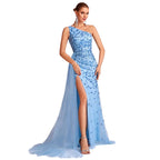 Sky Blue Beaded Sequin One Shoulder High Slit Evening Gown For Party & Formal - Styeenigma