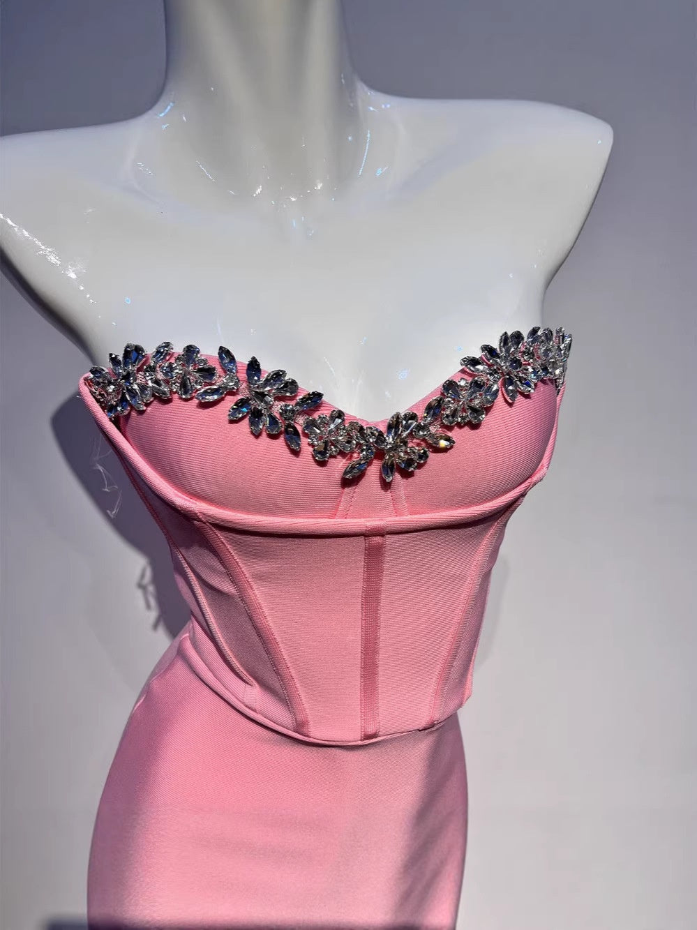 Women's Strapless Midi Dress with Crystal Stud Detailing | Evening Party Dress