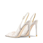Women's Pointed Toe Lace Mesh Peep Toe High Heel Sandals - Styeenigma