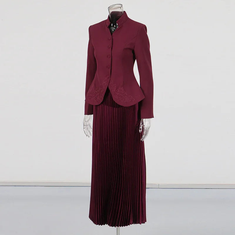 Elegant Women’s Two-Piece Set – 3D Embroidered Jacket & High-Waist Pleated Skirt - Styeenigma