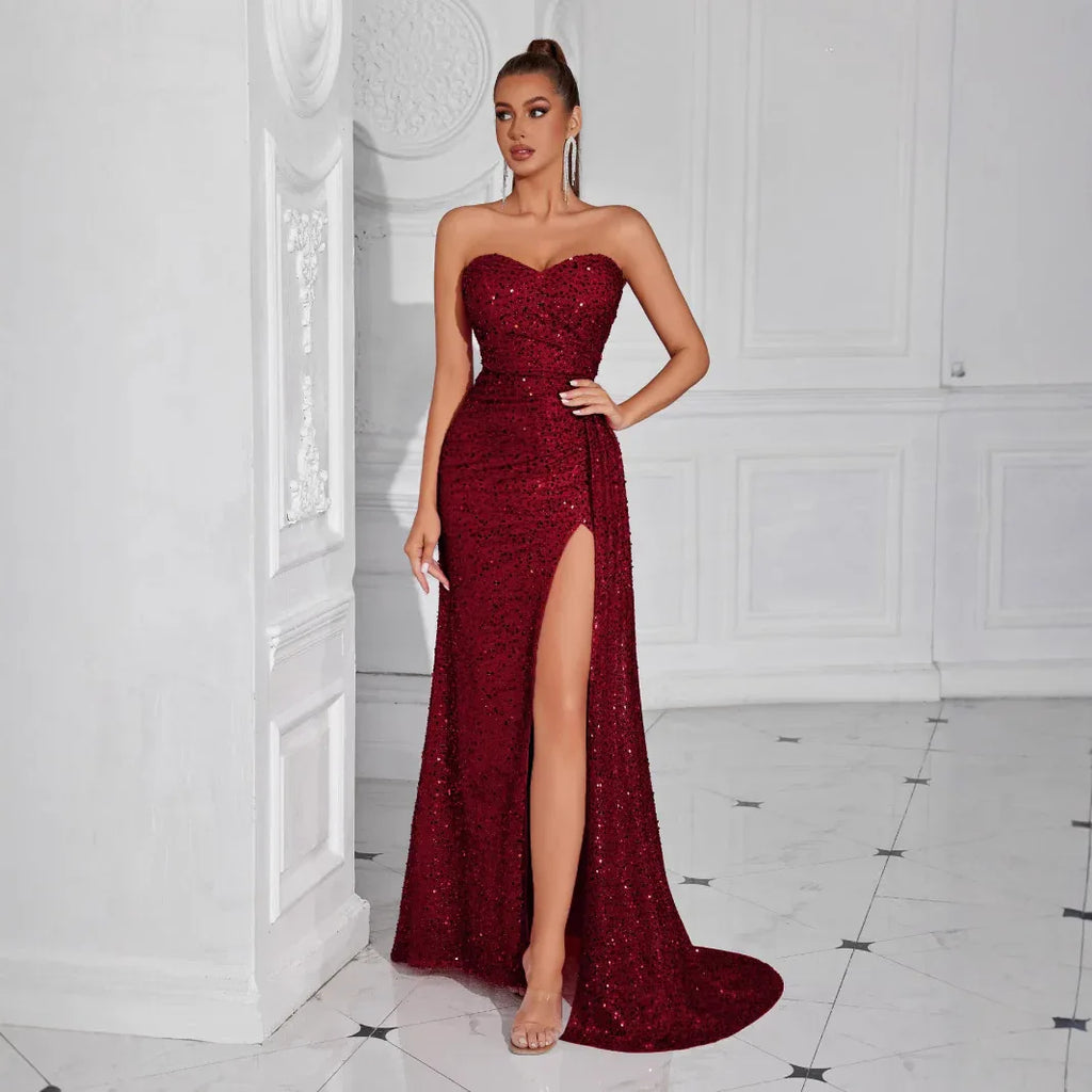 Strapless Evening Maxi Dress with High Slit – Long Sequin Prom Dress - Styeenigma