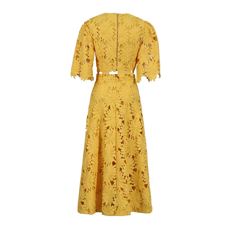 Elegant Two-Piece Set – Embroidered Hollow-Out Crewneck Top & High-Waist Skirt - Styeenigma