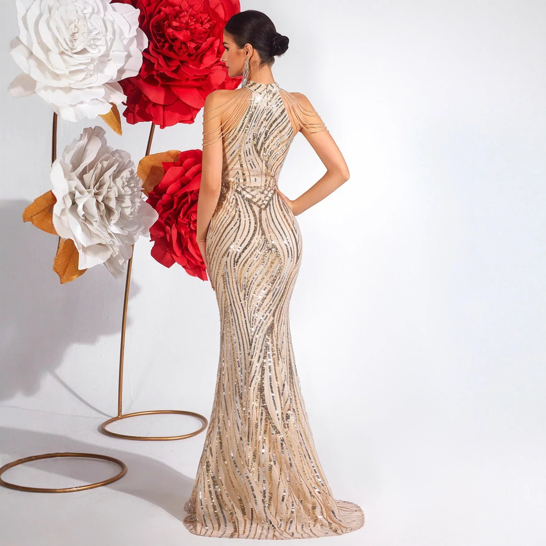 Sequined Halter Off-Shoulder Bodycon Evening Dress – Elegant Party & Birthday Gown - Styeenigma