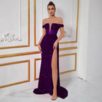 Sequin Off-the-Shoulder Mermaid Long Evening Gown Dress With Slit - Styeenigma