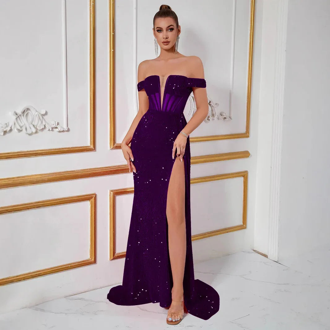 Sequin Off-the-Shoulder Mermaid Long Evening Gown Dress With Slit - Styeenigma