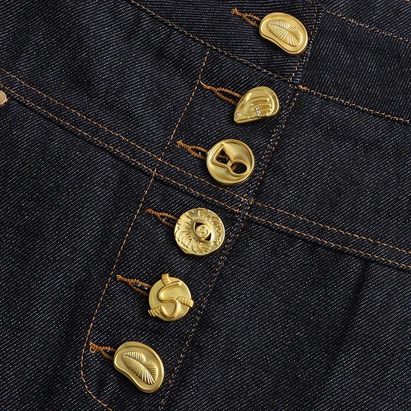 High Waist Single-Row Gold Button Denim A-Line Mini Skirt for Women - Styeenigma