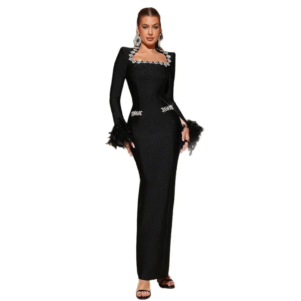 Feather Rhinestone Long Sleeve Bandage Evening Dress - Styeenigma