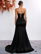 Strapless Rhinestone Bodycon High-Slit Evening Dress – Black Party Gown - Styeenigma
