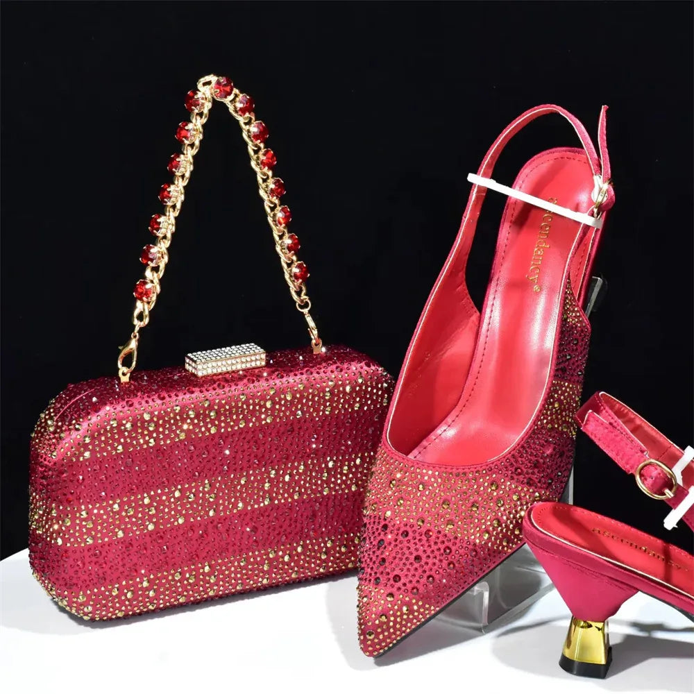 Sequin Stiletto Sandals & Faux-Lock Hardbox Bag Evening Set - Styeenigma