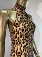 High Neck Sleeveless Leopard Print Maxi Dress | Sequin Embellished Evening Gown