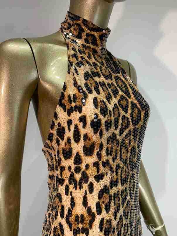 High Neck Sleeveless Leopard Print Maxi Dress | Sequin Embellished Evening Gown