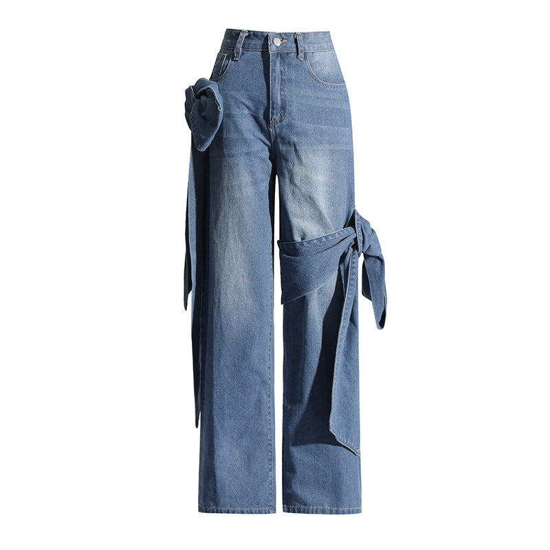 Detachable Ribbon Patchwork High-Waist Straight-Leg Jeans Denim Pants