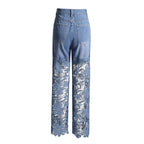 High Waist Lace Patchwork Straight-Leg Denim Pants for Women
