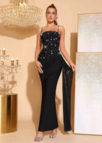 Rhinestone Beaded Bandage Evening Dress – Spaghetti Strap Bodycon Maxi Gown - Styeenigma