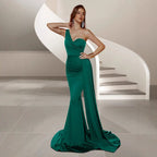 Single Shoulder Long Tail Backless Evening Dress – Bridesmaid & Party Gown - Styeenigma