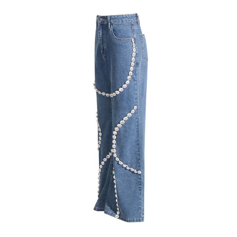 High-Waist Rhinestone Patchwork Wide-Leg Jeans Straight Denim Pants Women