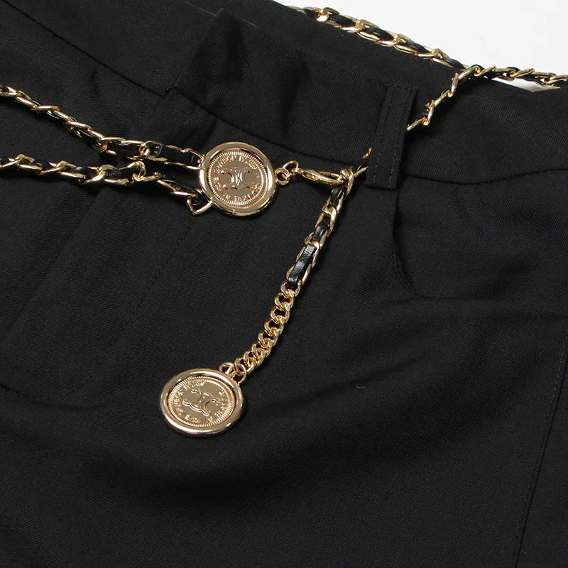 High Waist Chain Belt Straight Pants – Women’s Black Trousers