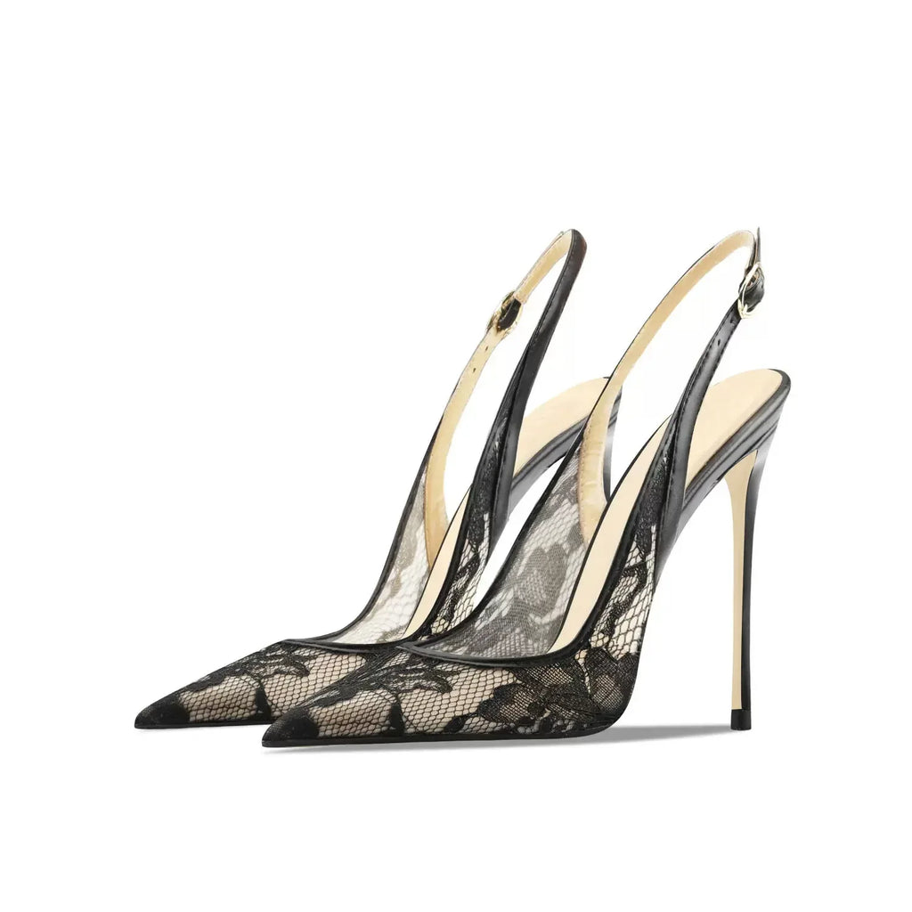 Women's Pointed Toe Lace Mesh Peep Toe High Heel Sandals - Styeenigma