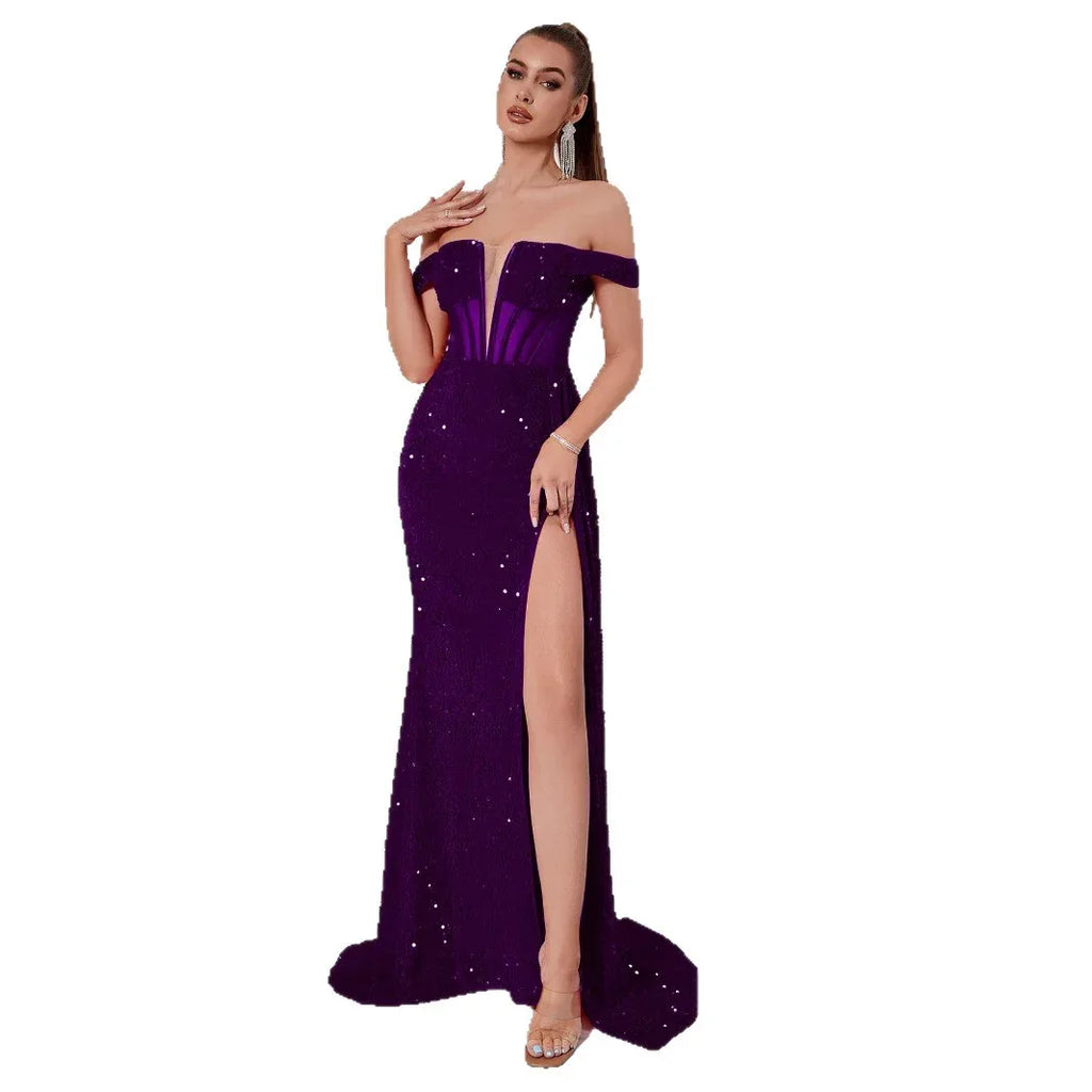 Sequin Off-the-Shoulder Mermaid Long Evening Gown Dress With Slit - Styeenigma