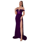 Sequin Off-the-Shoulder Mermaid Long Evening Gown Dress With Slit - Styeenigma