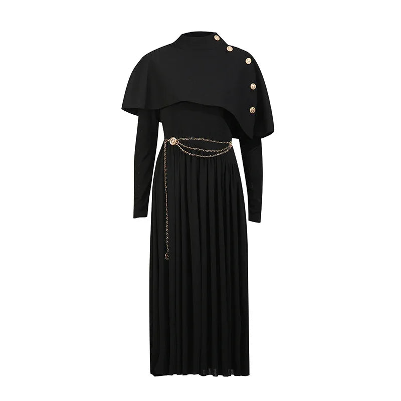 Women’s Two-Piece Set – Button-Detail Shawl & Long-Sleeve Pleated Dress - Styeenigma