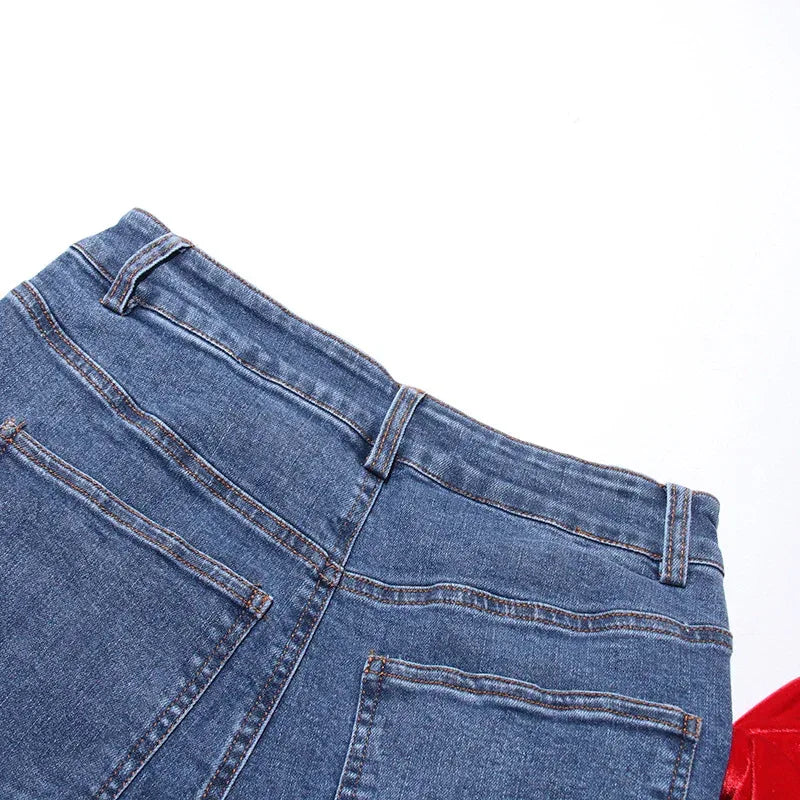 Bowknot Patchwork Straight Denim Jeans – Women’s Mid Waist Blue - Styeenigma