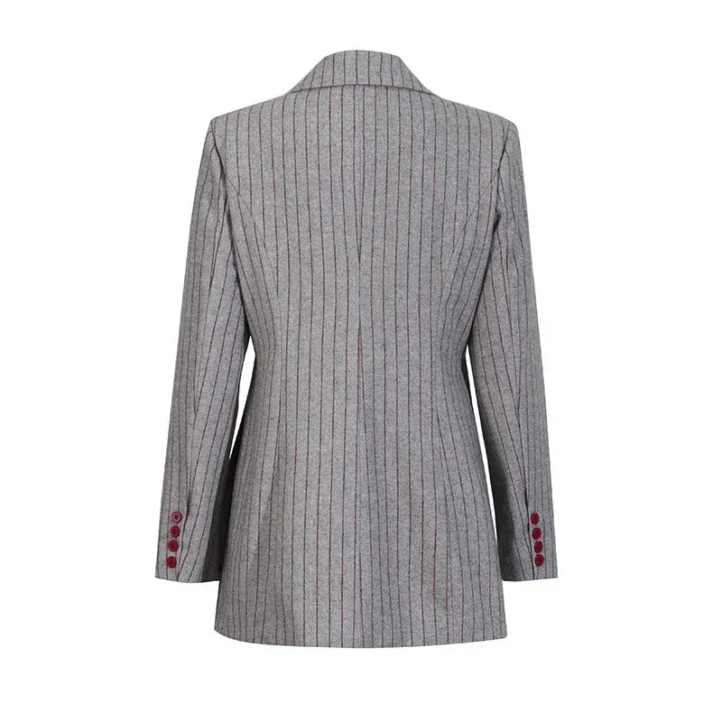 Vintage Lazy Style Grey Striped Irregular Design Blazer for Women. - Styeenigma