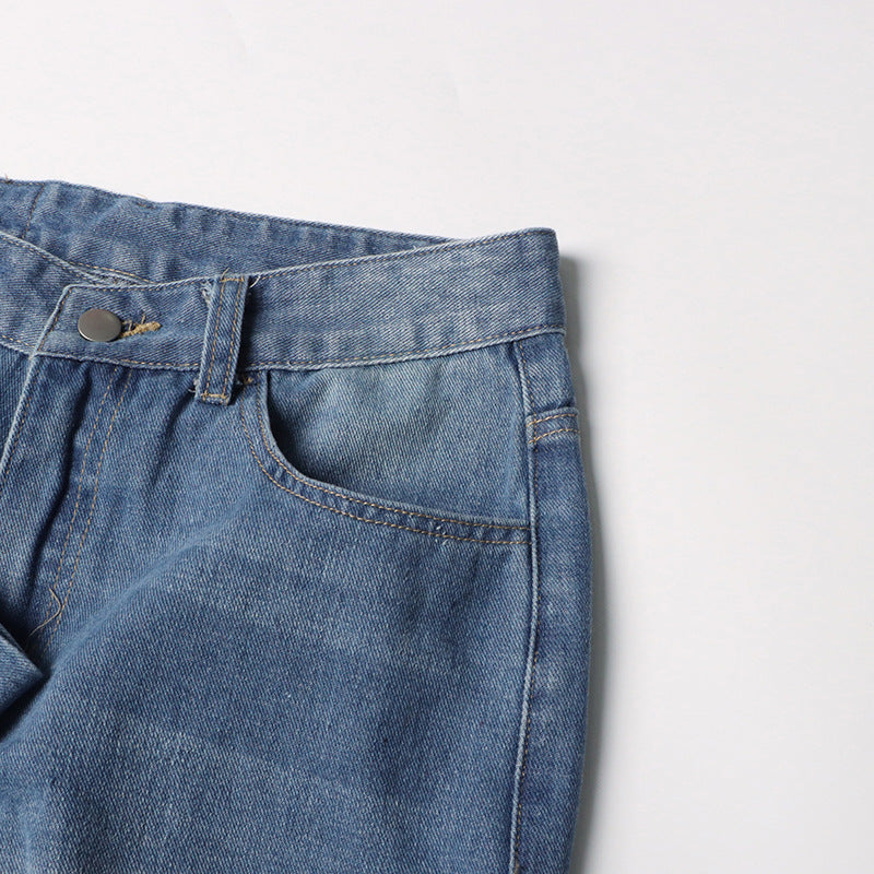 Detachable Ribbon Patchwork High-Waist Straight-Leg Jeans Denim Pants