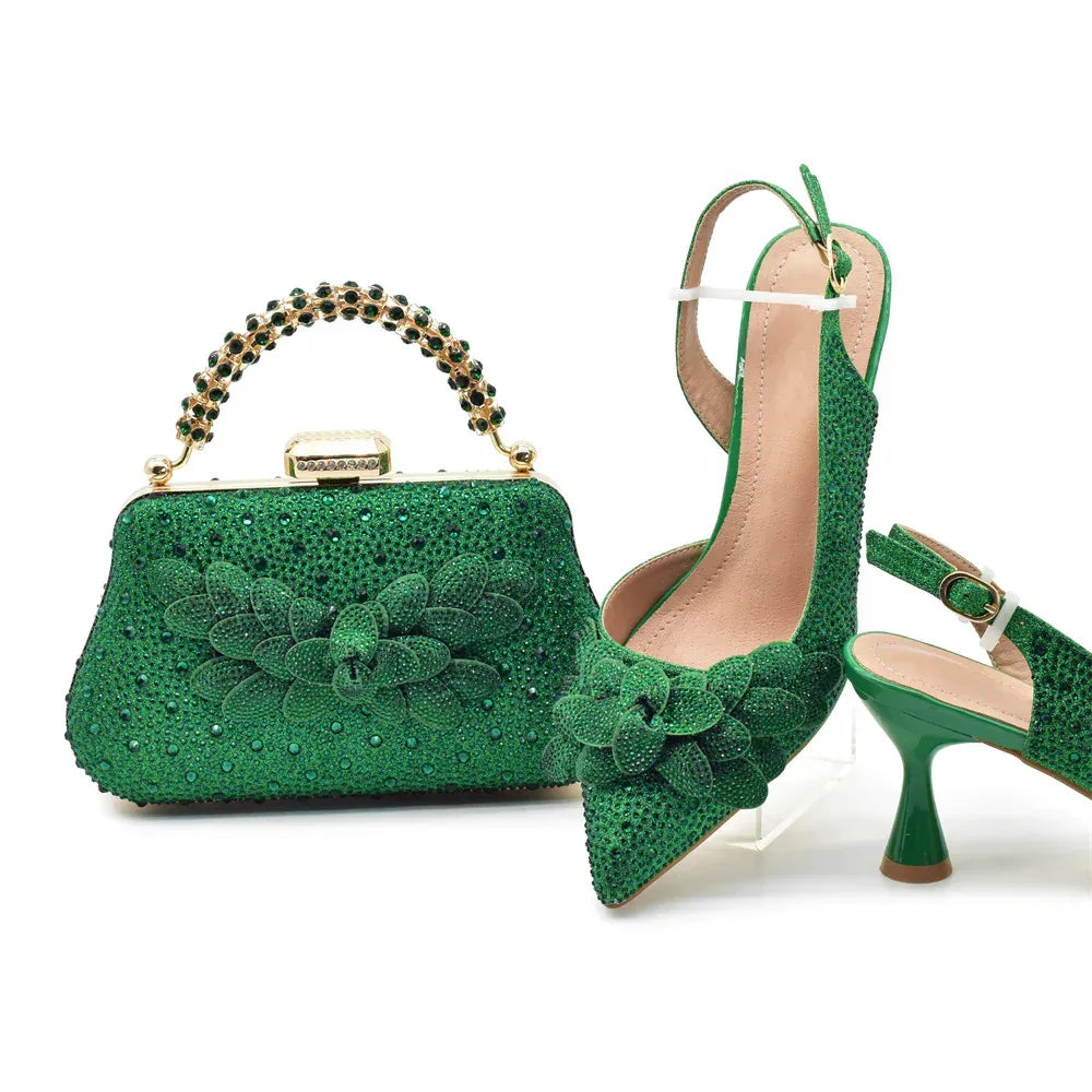 Leaf Appliqué Party Shoes & Matching Bag with Stiletto Heel - Styeenigma