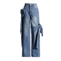 Detachable Ribbon Patchwork High-Waist Straight-Leg Jeans Denim Pants