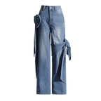 Detachable Ribbon Patchwork High-Waist Straight-Leg Jeans Denim Pants