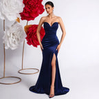 Strapless Navy Blue Mermaid Prom Dress with High Slit – Long Evening Gown - Styeenigma