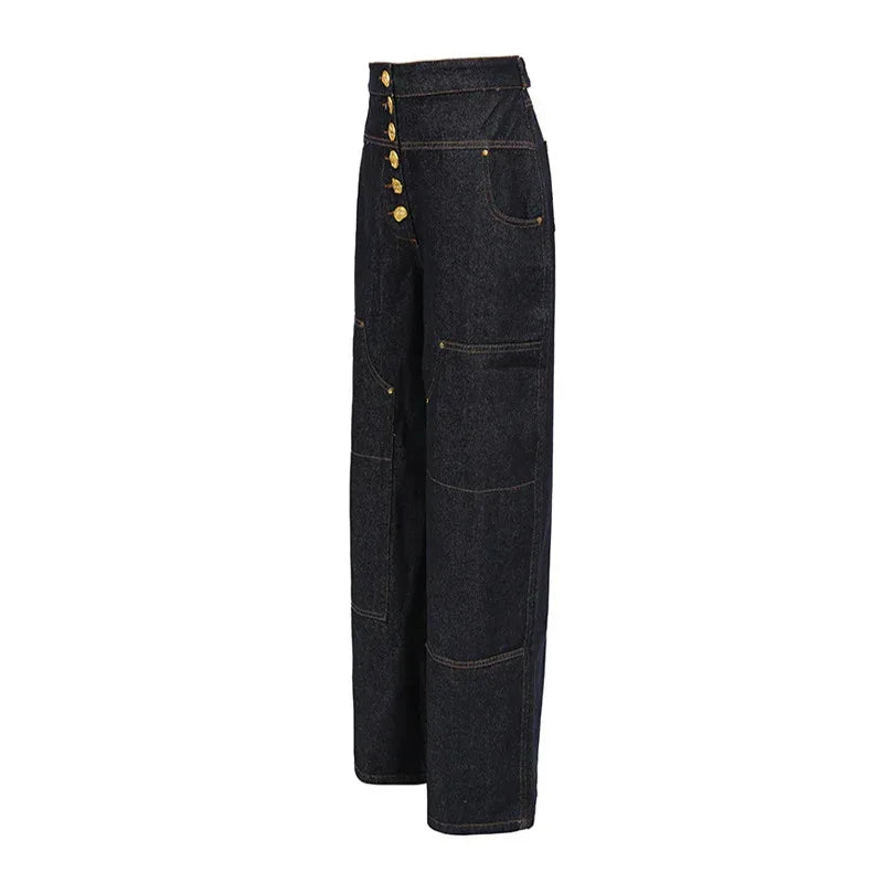 High Waist Rivet Button Straight Wide-Leg Denim Jeans Pants for Women - Styeenigma