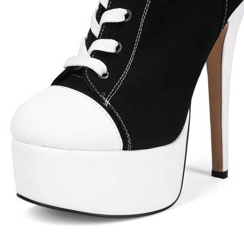 Women’s Black White Knee High Platform Stiletto Sneaker Boots Lace Up High Heel Boots