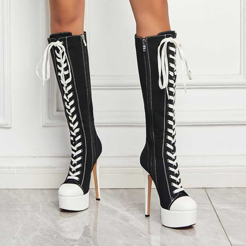 Women’s Black White Knee High Platform Stiletto Sneaker Boots Lace Up High Heel Boots