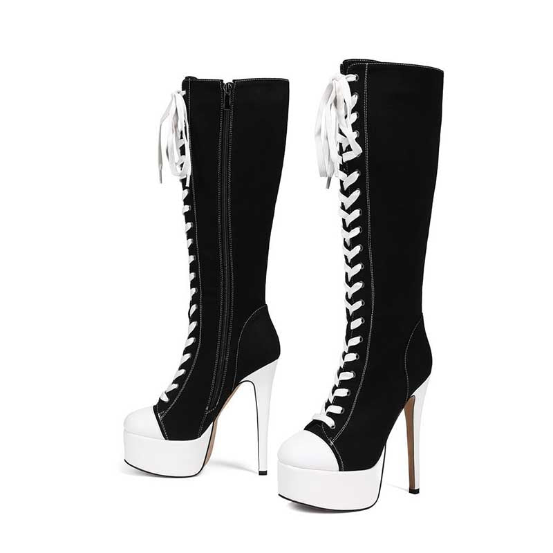 Women’s Black White Knee High Platform Stiletto Sneaker Boots Lace Up High Heel Boots