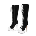 Women’s Black White Knee High Platform Stiletto Sneaker Boots Lace Up High Heel Boots