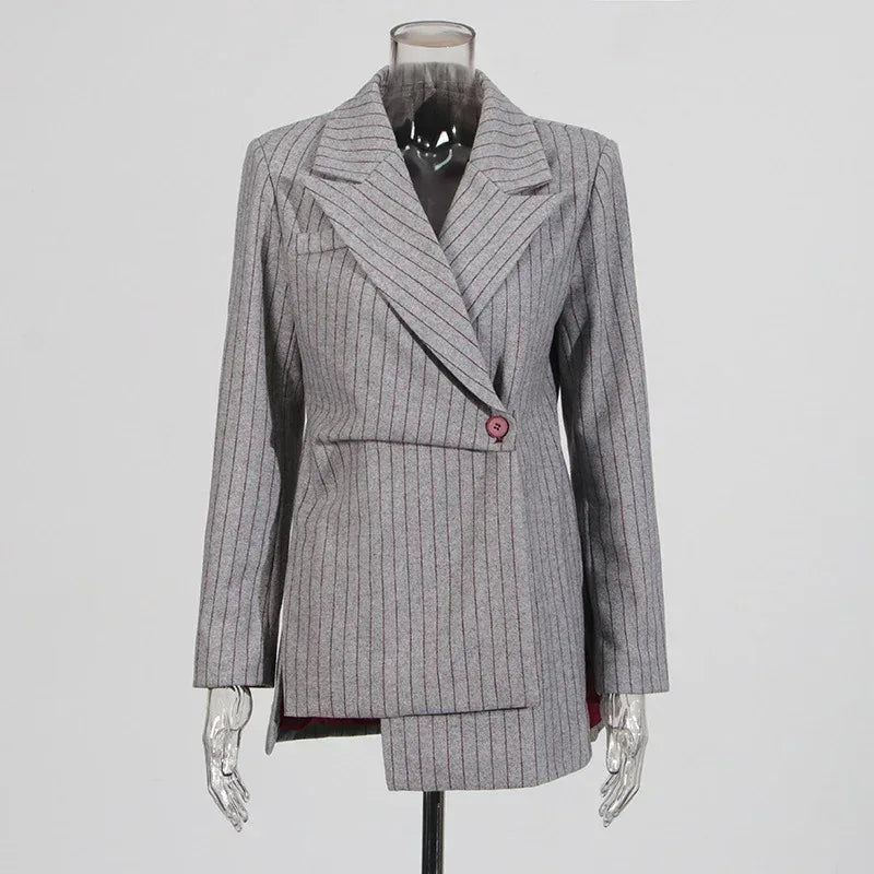 Vintage Lazy Style Grey Striped Irregular Design Blazer for Women. - Styeenigma