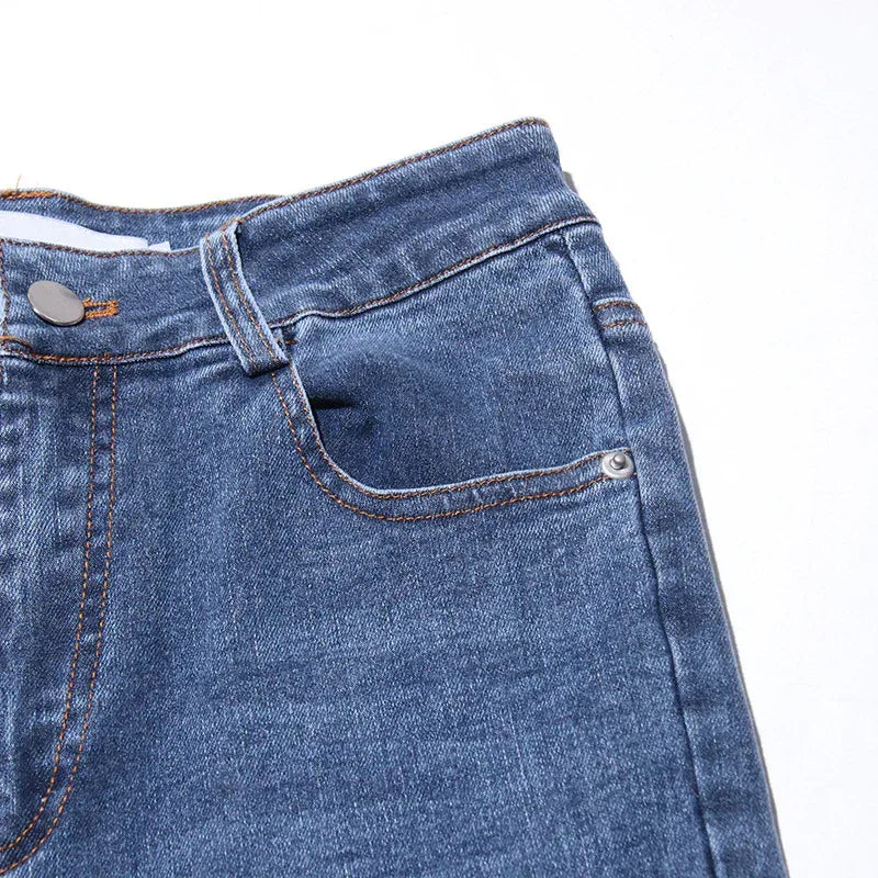 Bowknot Patchwork Straight Denim Jeans – Women’s Mid Waist Blue - Styeenigma