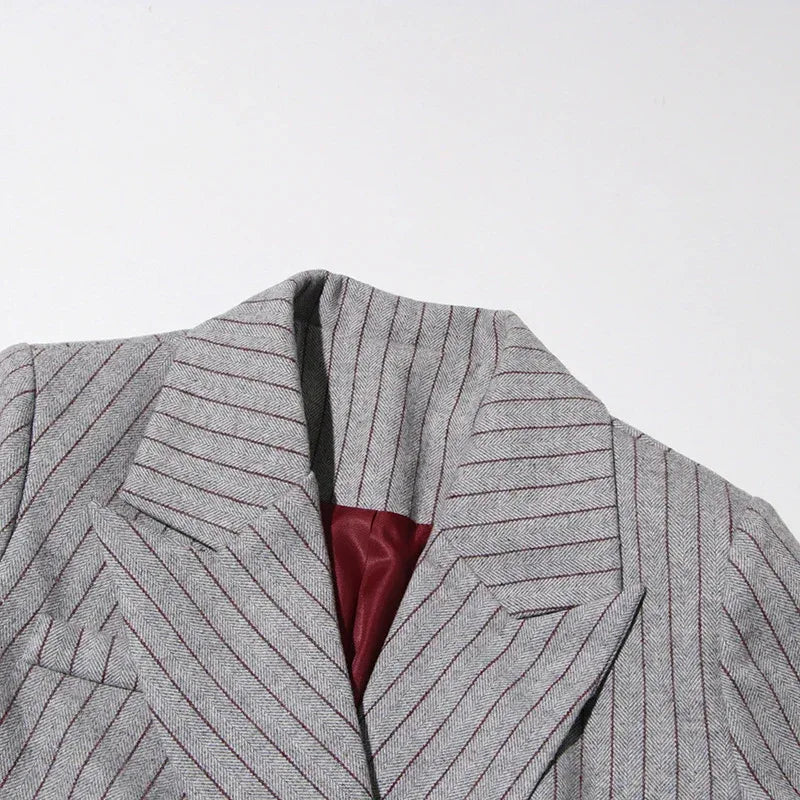 Vintage Lazy Style Grey Striped Irregular Design Blazer for Women. - Styeenigma