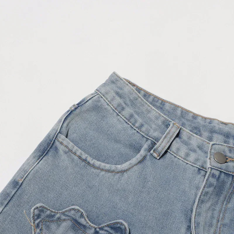 Street Style Floral Patchwork High Waist Straight Denim Jeans - Styeenigma