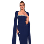 Square Neck Rhinestone Long Sleeve Maxi Evening Dress Formal Gown - Styeenigma