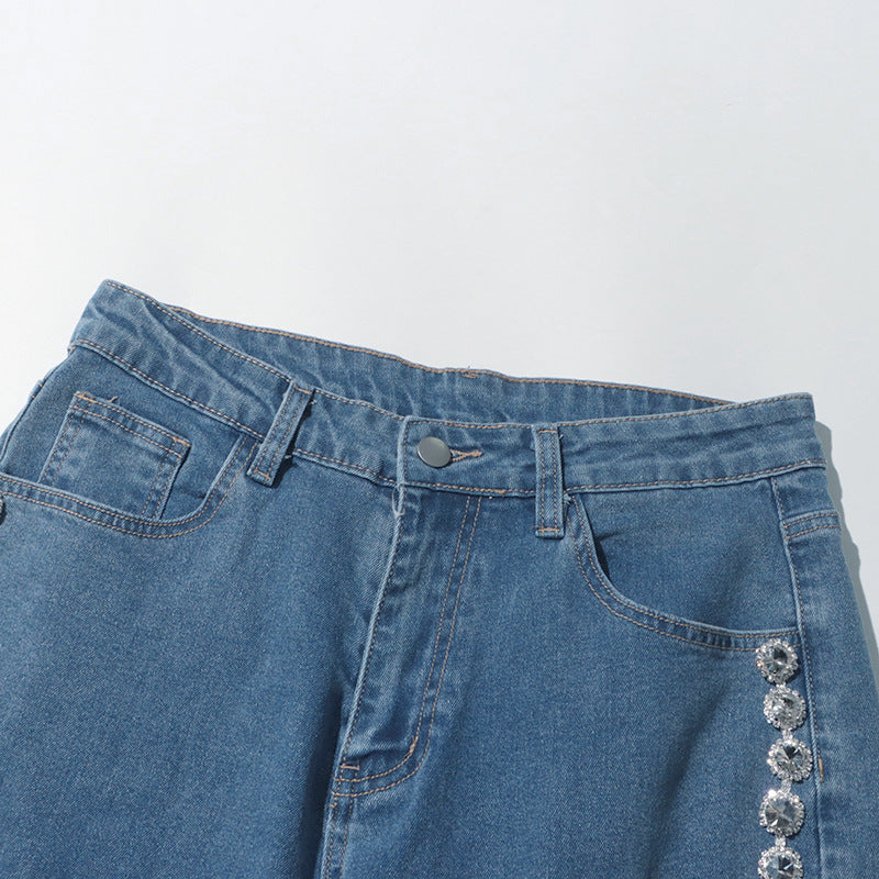 High-Waist Rhinestone Patchwork Wide-Leg Jeans Straight Denim Pants Women