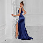 Satin Spaghetti Strap High Split Prom Dress – Ball Gown - Styeenigma