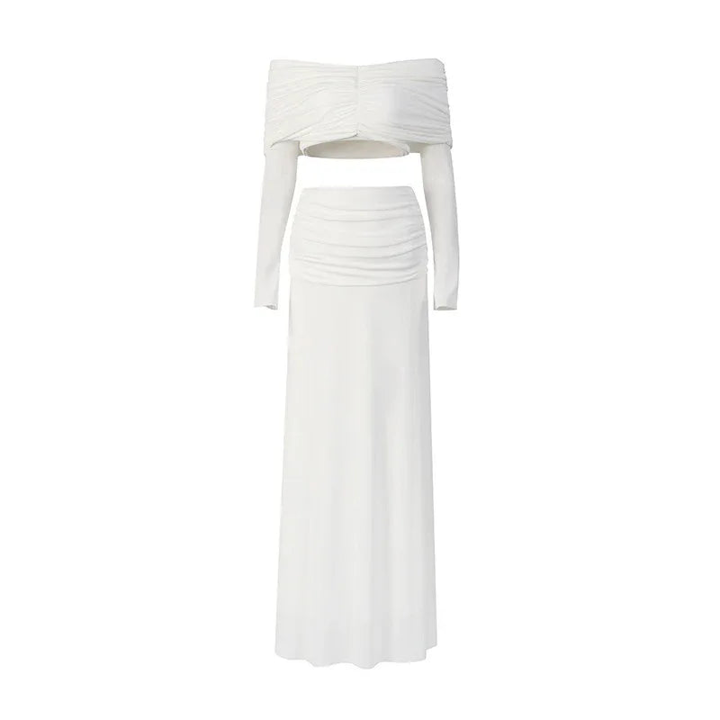 Minimalist Sexy Women’s Two-Piece Set – Off-Shoulder Long Sleeve Crop Top & Pleated Skirt - Styeenigma