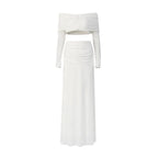 Minimalist Sexy Women’s Two-Piece Set – Off-Shoulder Long Sleeve Crop Top & Pleated Skirt - Styeenigma