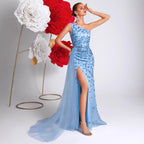 Sky Blue Beaded Sequin One Shoulder High Slit Evening Gown For Party & Formal - Styeenigma