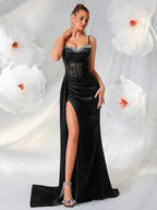 Backless Rhinestone Bustier Evening Gown with Train – Black Formal Dress - Styeenigma