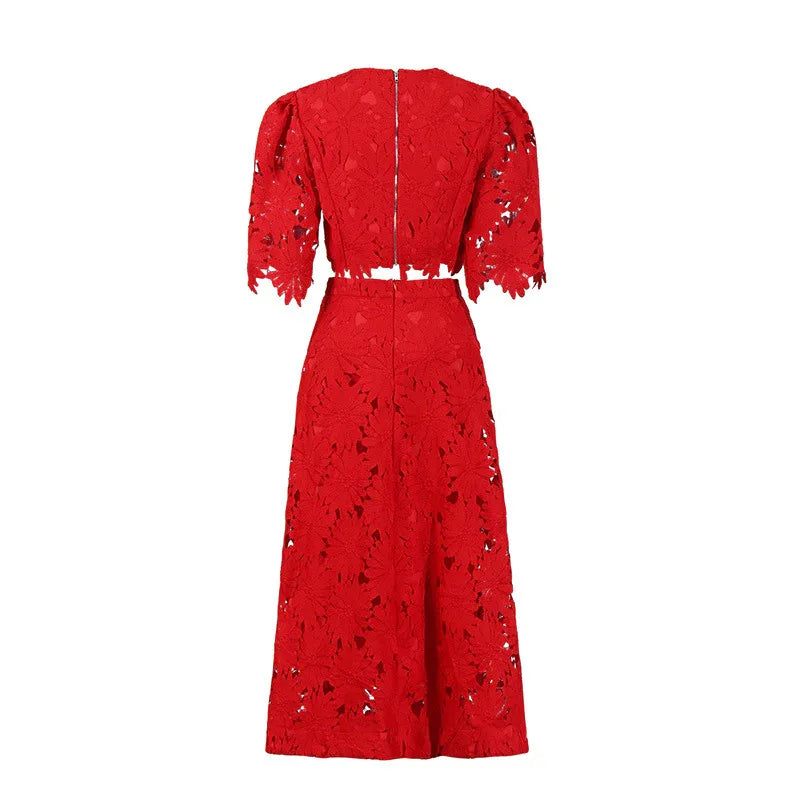 Elegant Two-Piece Set – Embroidered Hollow-Out Crewneck Top & High-Waist Skirt - Styeenigma