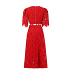 Elegant Two-Piece Set – Embroidered Hollow-Out Crewneck Top & High-Waist Skirt - Styeenigma